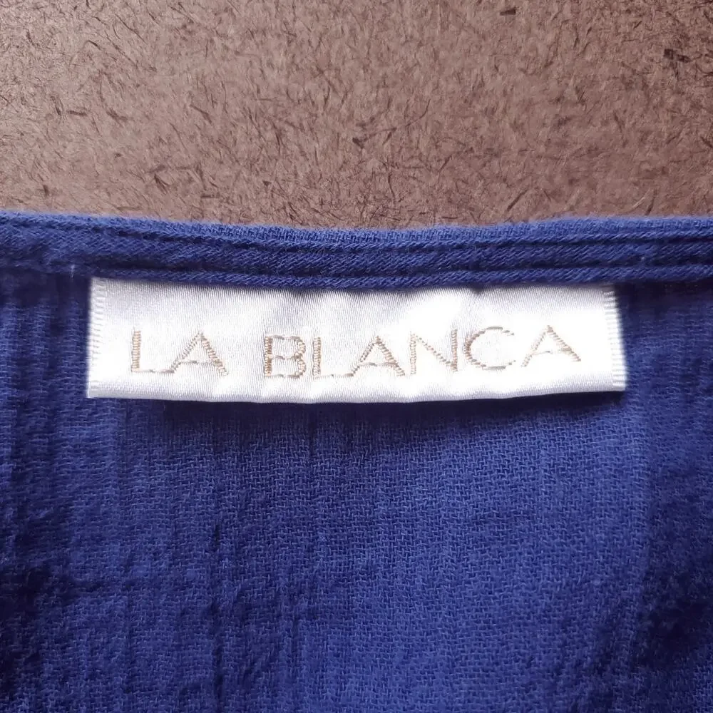 La Blanca Island Fare Crochet Coverup Tunic Women XL Blue Deep V-neck 3/4 Sleeve - Picture 6 of 6